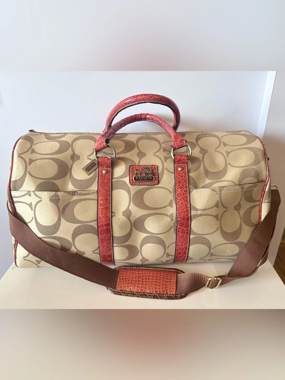 Vintage Y2K Coach Heritage Stripe Boston Duffel Satchel Bag #1388 Purple Lining
